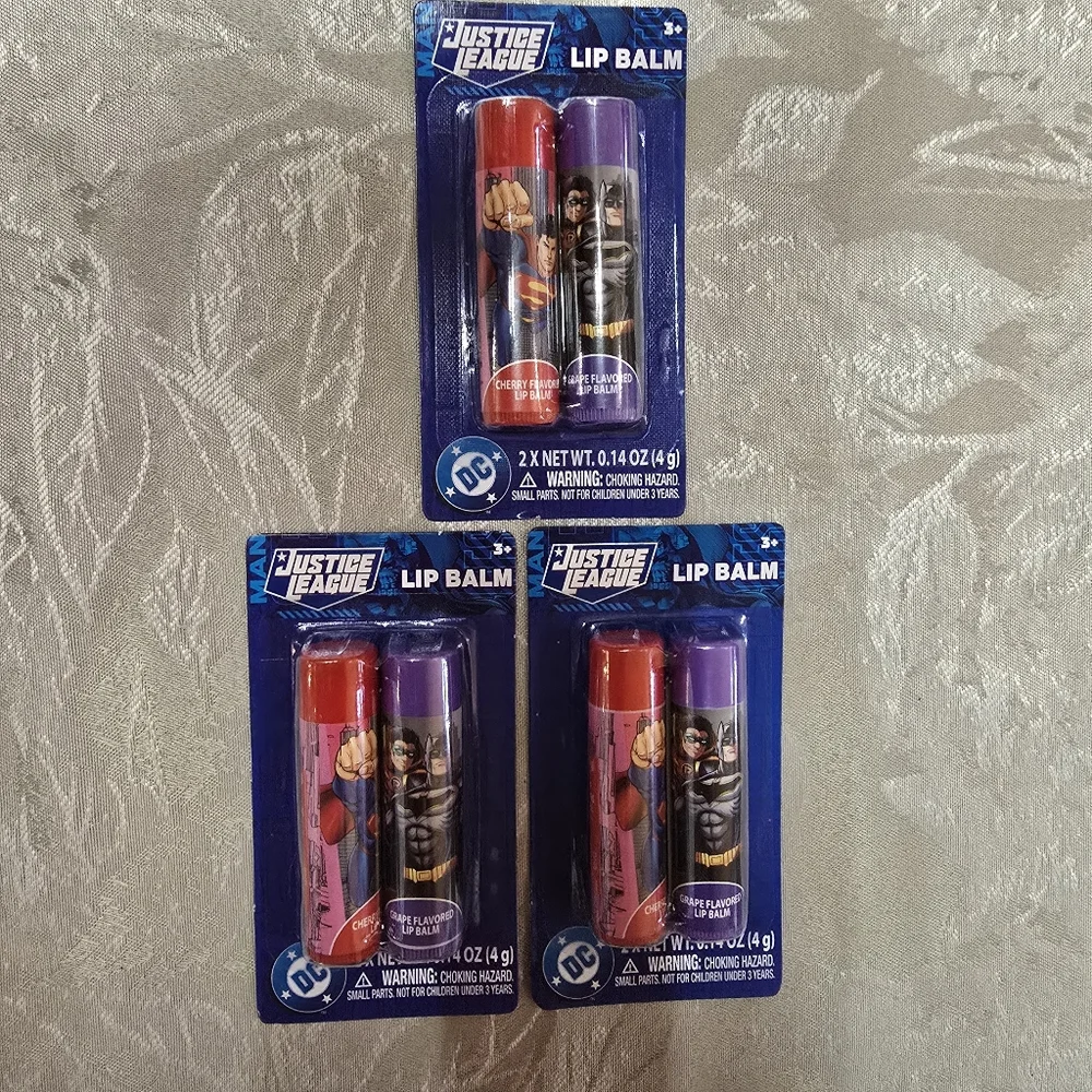 3 Pack Justice League Lip Balm Cherry-Grape Superman Batman DC Kidscore Makeup